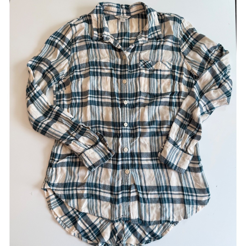Lucky Brand Womens Navy Blue Cream Plaid Button Back Flannel Shirt‎ Small